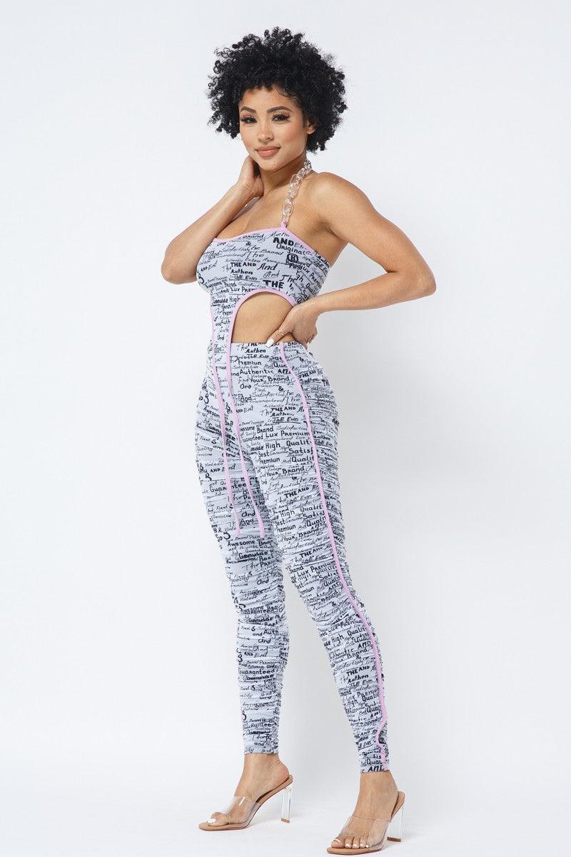 Mesh Print Crop Top With Plastic Chain Halter Neck With Matching Leggings - AMIClubwear