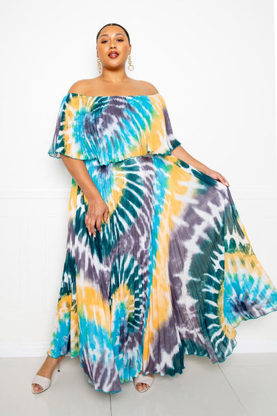 Tie Dye Off Shoulder Pleated Maxi Dress - AMIClubwear