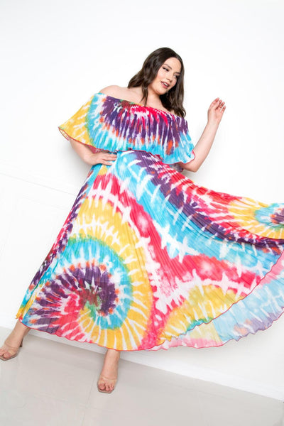 Tie Dye Off Shoulder Pleated Maxi Dress - AMIClubwear