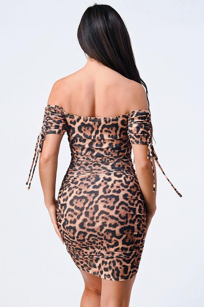 Leopard Print Off Shoulder Shirring Bodycon Dress - AMIClubwear