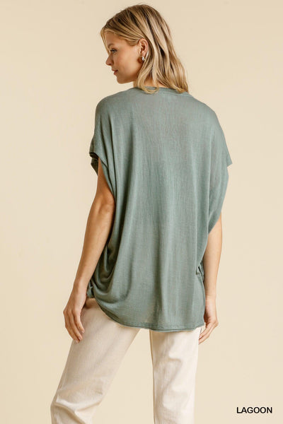 Short Sheer Dolman Sleeve Scoop Neck Top With Side Slit - AMIClubwear