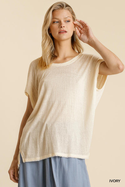 Short Sheer Dolman Sleeve Scoop Neck Top With Side Slit - AMIClubwear