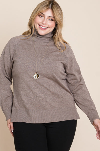 Plus Size High Quality Buttery Soft Solid Knit Turtleneck Two Tone High Low Hem Sweater