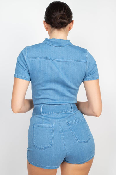 Belted Zip-up Denim Romper - AMIClubwear