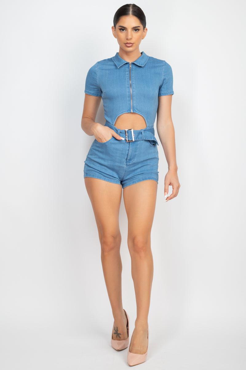 Belted Zip-up Denim Romper - AMIClubwear