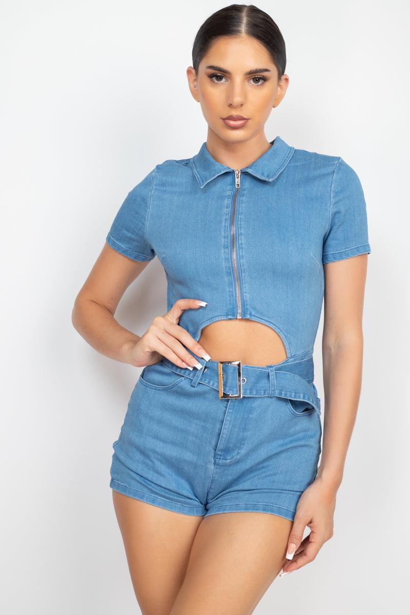 Belted Zip-up Denim Romper - AMIClubwear