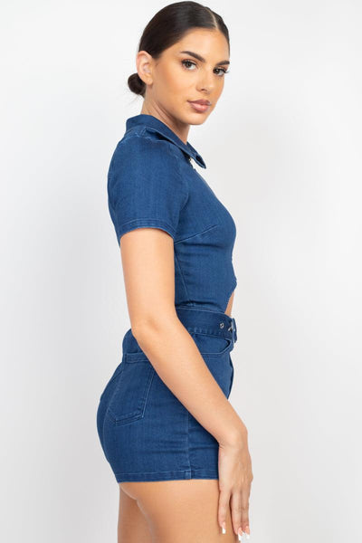 Belted Zip-up Denim Romper - AMIClubwear