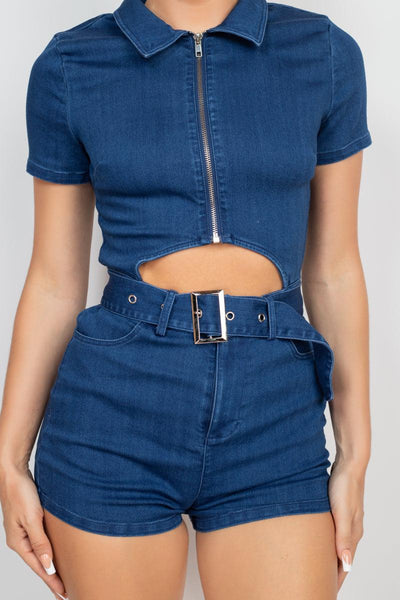 Belted Zip-up Denim Romper - AMIClubwear