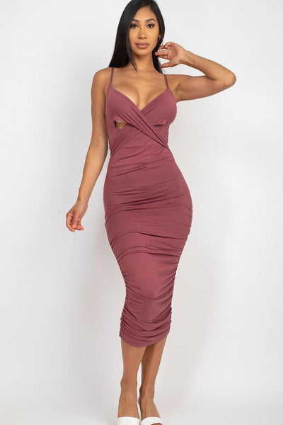 Cross Wrap Ruched Midi Dress - AMIClubwear