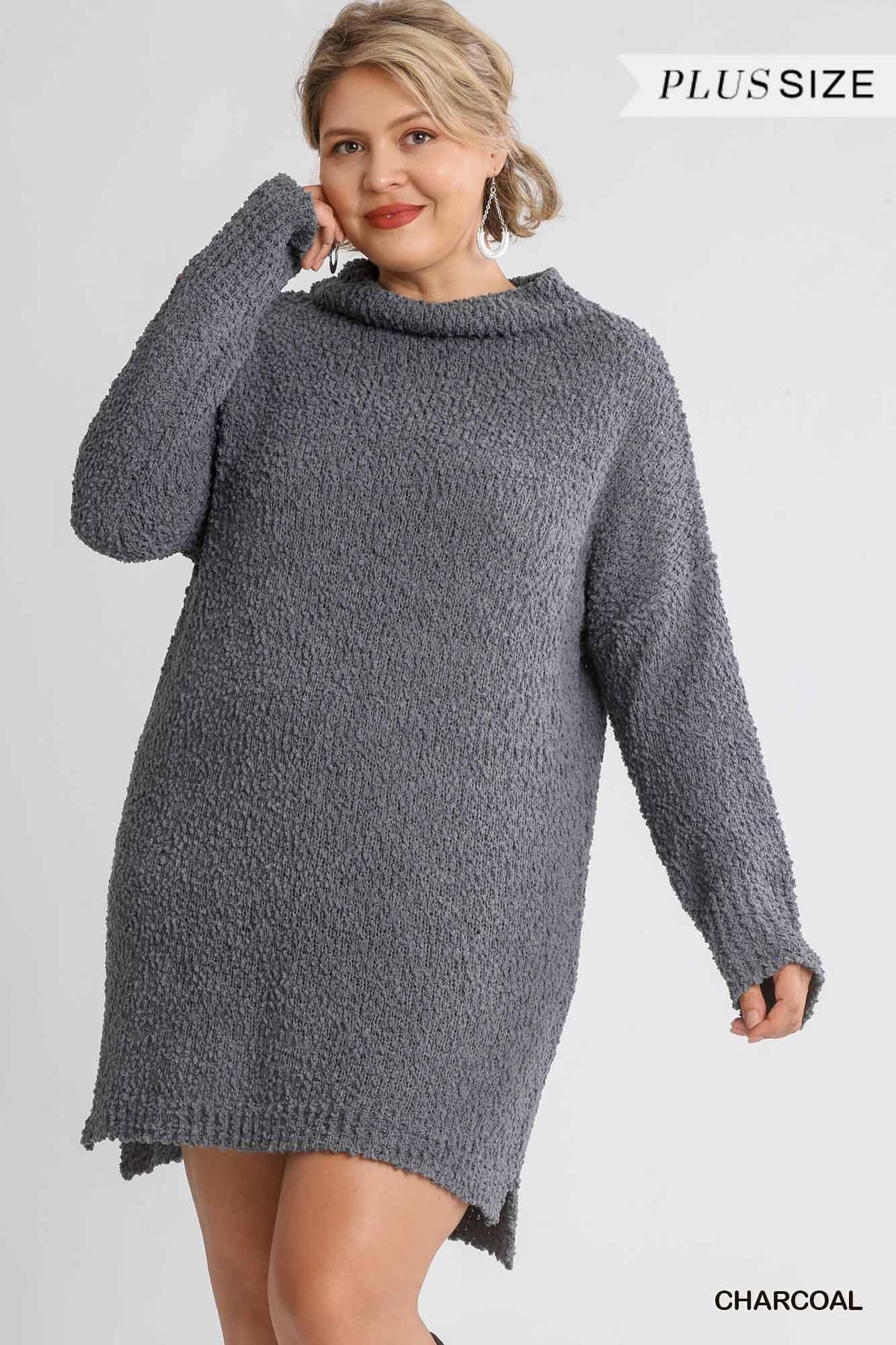 High Cowl Neck Bouclé Long Sleeve Sweater Dress - AMIClubwear