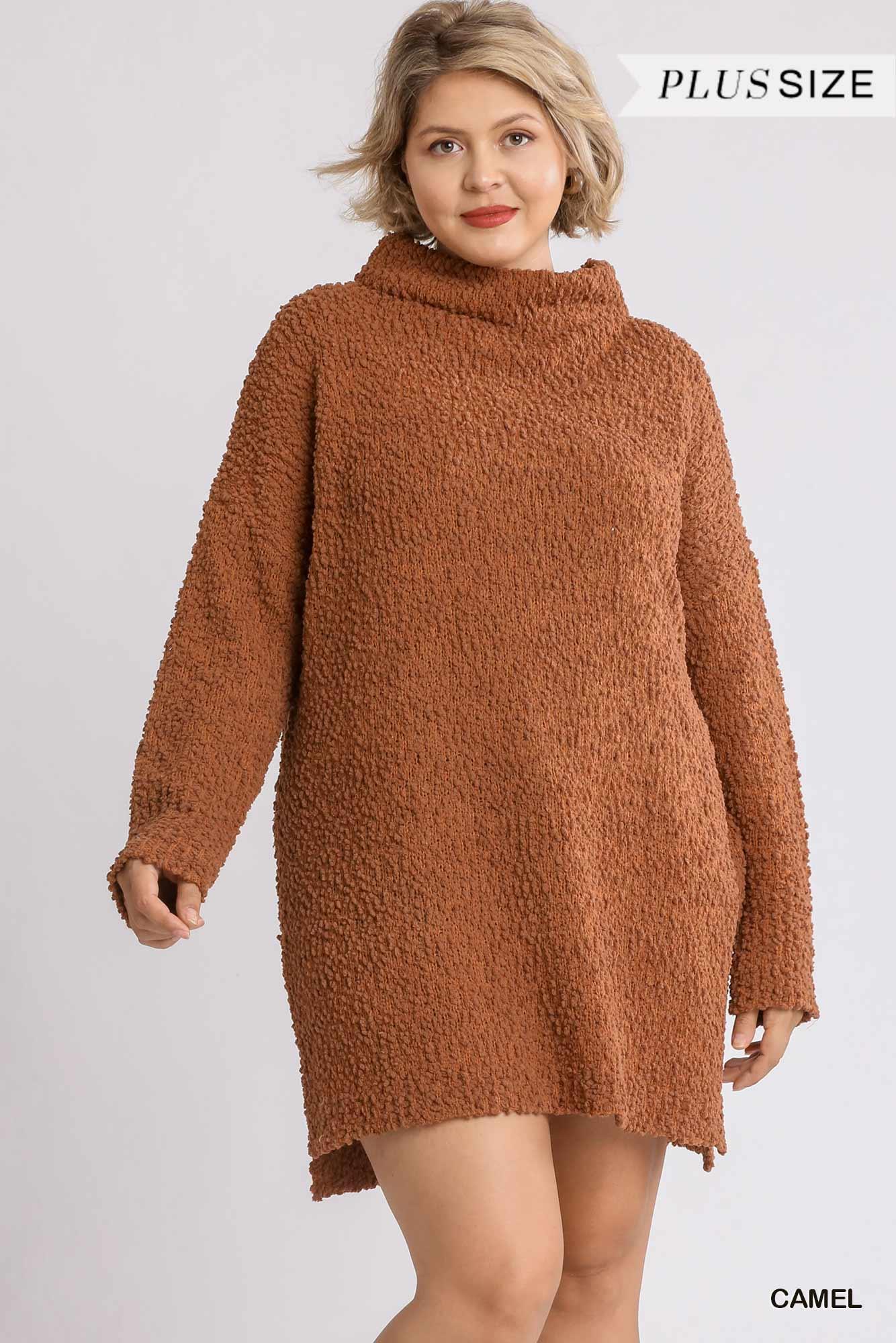 High Cowl Neck Bouclé Long Sleeve Sweater Dress - AMIClubwear