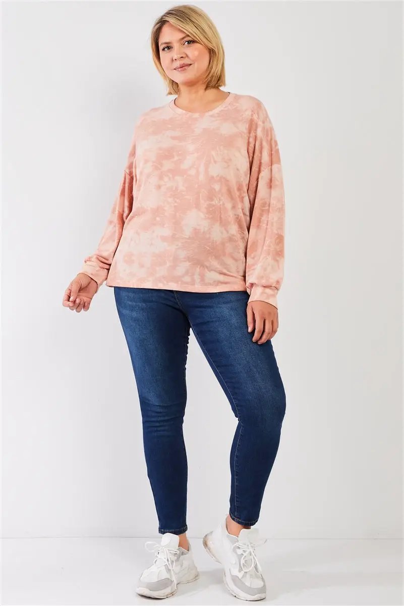 Plus Marsala Tie-dye Print Crew Neck Long Sleeve Loose Fit Sweatshirt