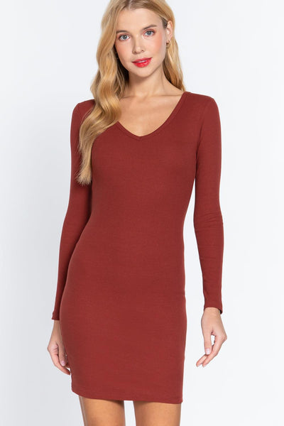 Long Slv V-neck Mini Rib Dress - AMIClubwear