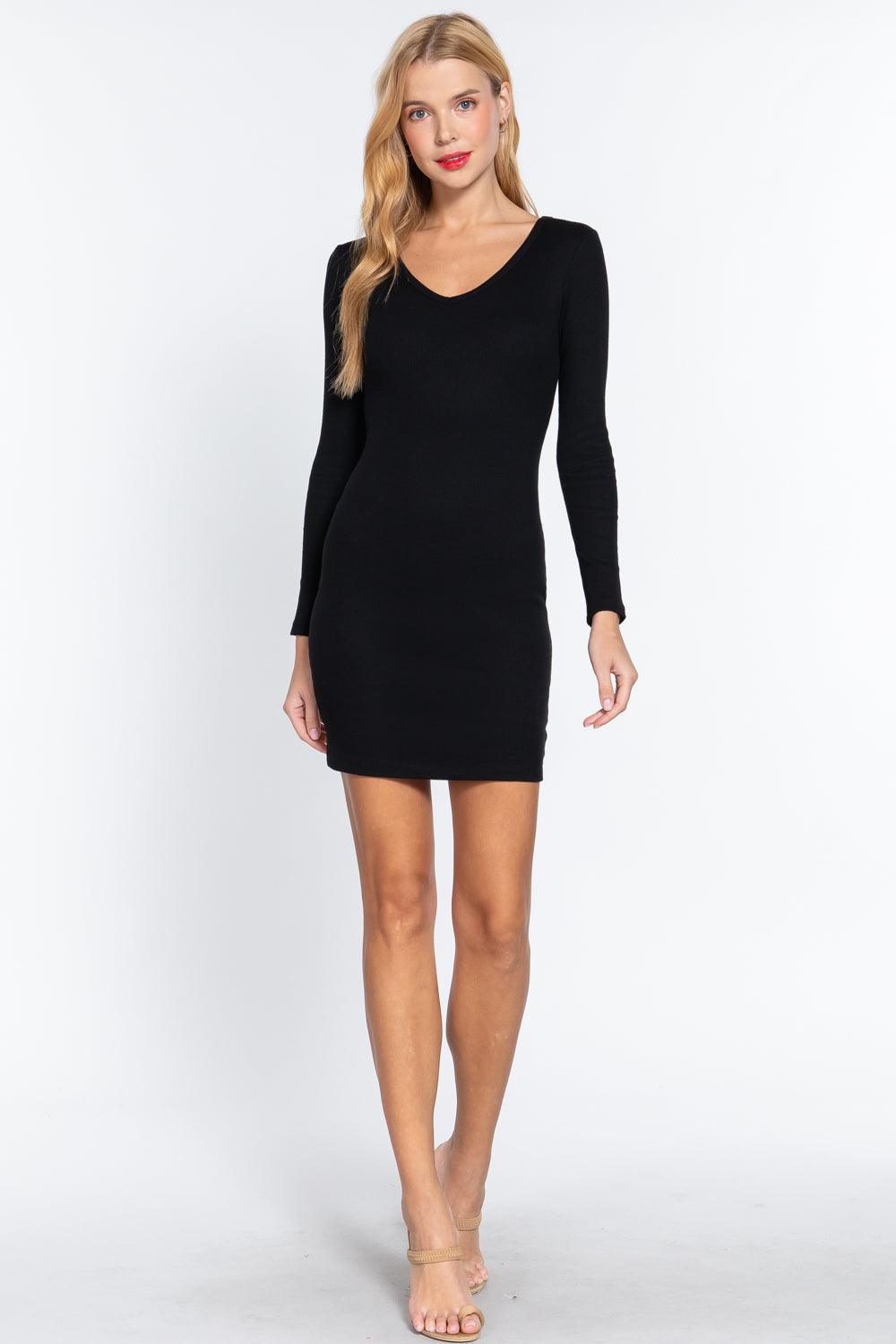 Long Slv V-neck Mini Rib Dress - AMIClubwear