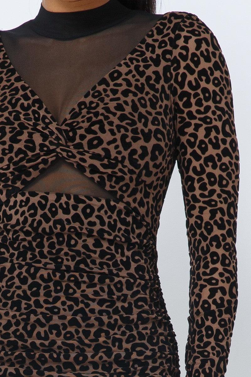 Animal Print Long Sleeve Mock Neck Mini Dress - AMIClubwear