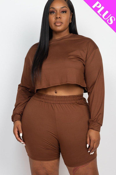 Plus Size Cozy Crop Top And Shorts Set - AMIClubwear