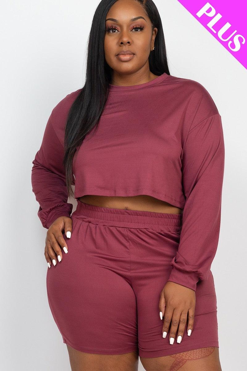 Plus Size Cozy Crop Top And Shorts Set - AMIClubwear