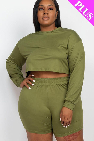Plus Size Cozy Crop Top And Shorts Set - AMIClubwear