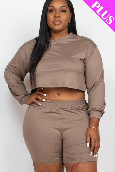 Plus Size Cozy Crop Top And Shorts Set - AMIClubwear