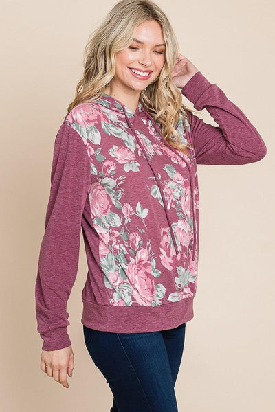 Floral Printed Contrast Hoodie With Relaxed Fit And Cuff Detail - AMIClubwear