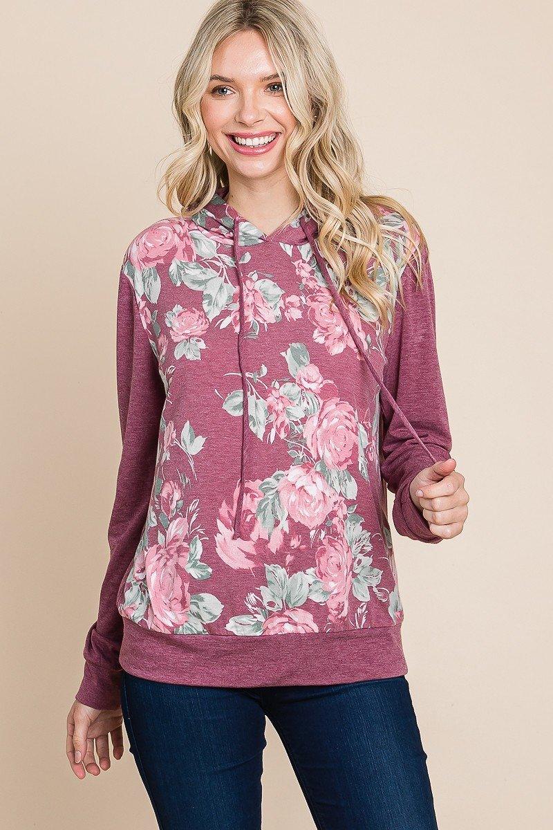 Floral Printed Contrast Hoodie With Relaxed Fit And Cuff Detail - AMIClubwear