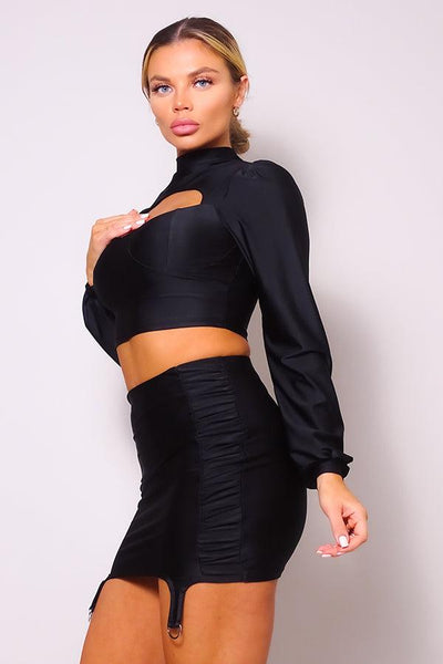 Puff Long Sleeve Front Cutout Turtleneck Blouse & Side Ruched Garter Mini Skirt Set - AMIClubwear