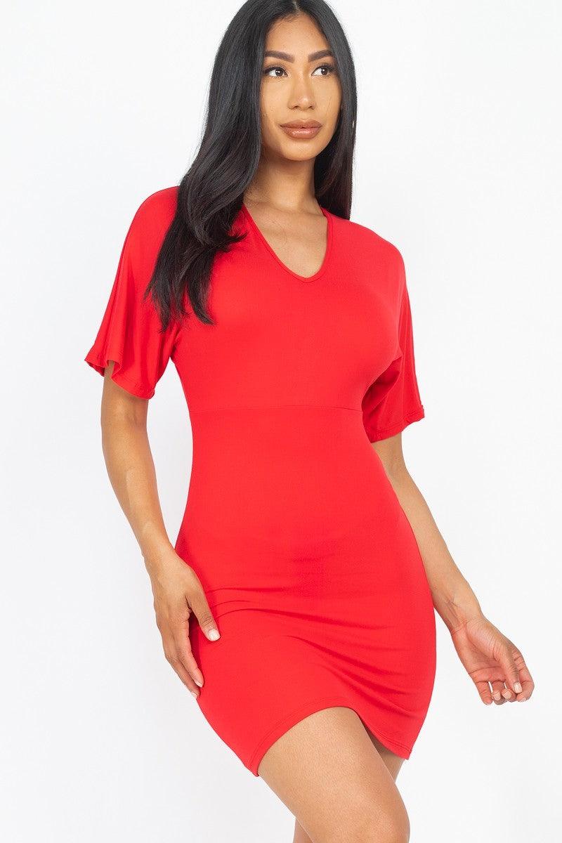 Dolman Sleeves Solid Mini Dress - AMIClubwear