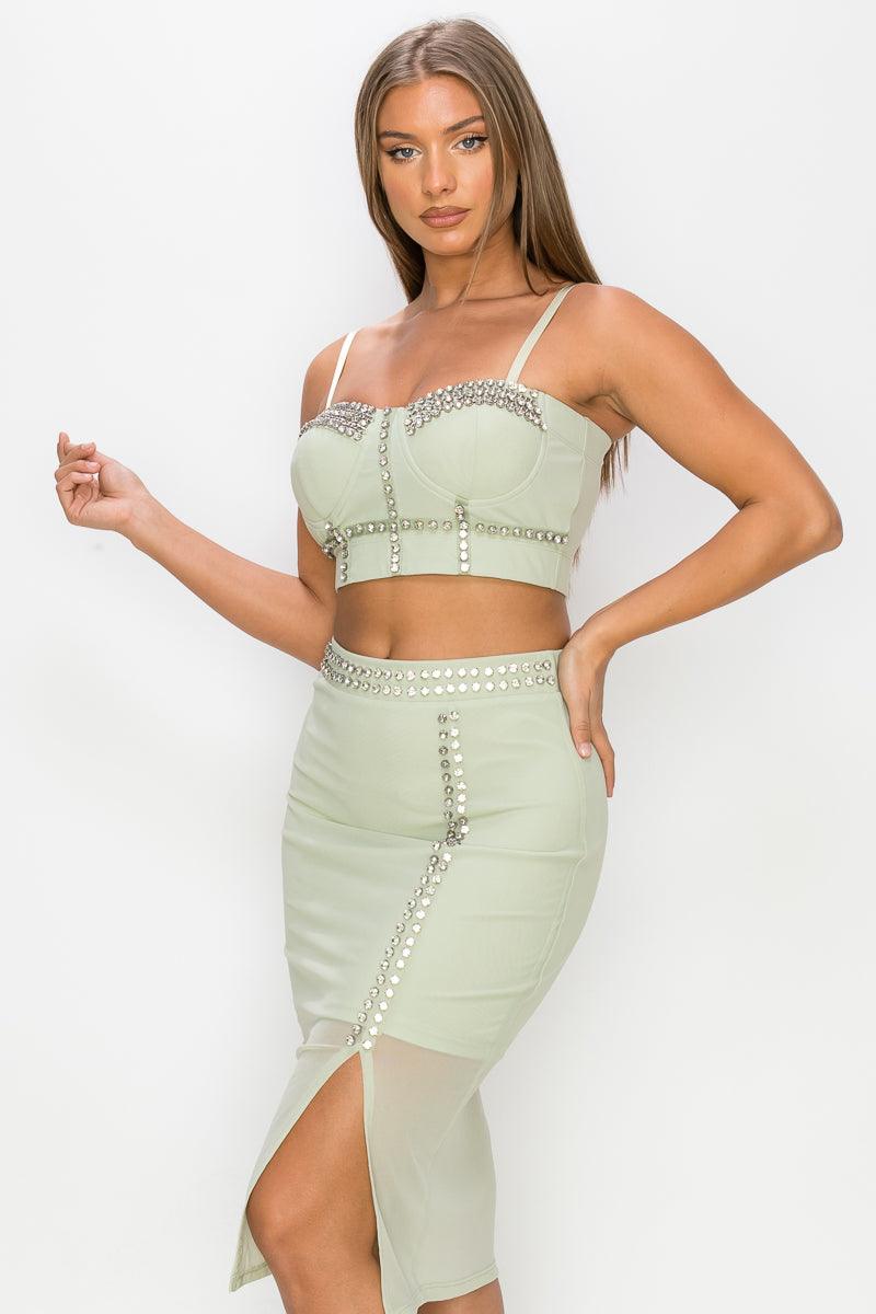 Studded Stone Cami Top & Slit Mini Skirts Set - AMIClubwear