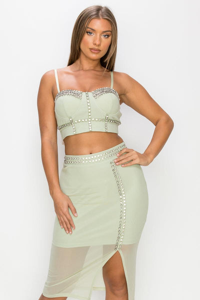 Studded Stone Cami Top & Slit Mini Skirts Set - AMIClubwear