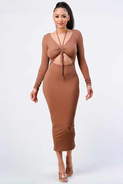 Trendy Front Shirring Cut-out Long Sleeved Dress - AMIClubwear