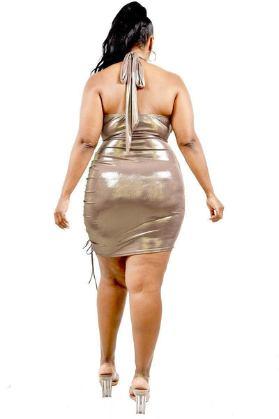 Plus Metallic Cross Wrap Halter Mini Dress - AMIClubwear