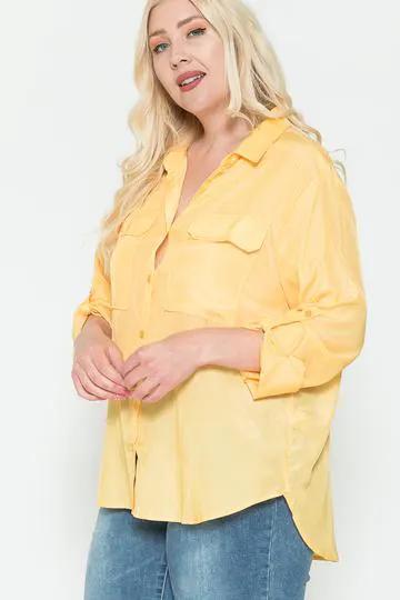 Plus Size Chest Pocket Oversized Satin Shirt