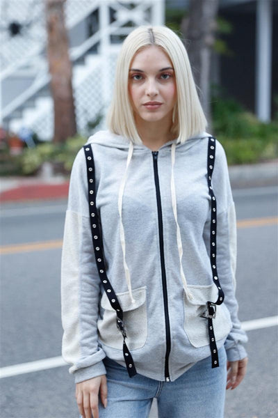 Belt & Reversed Details Zip-up Hooded Sweater - AMIClubwear