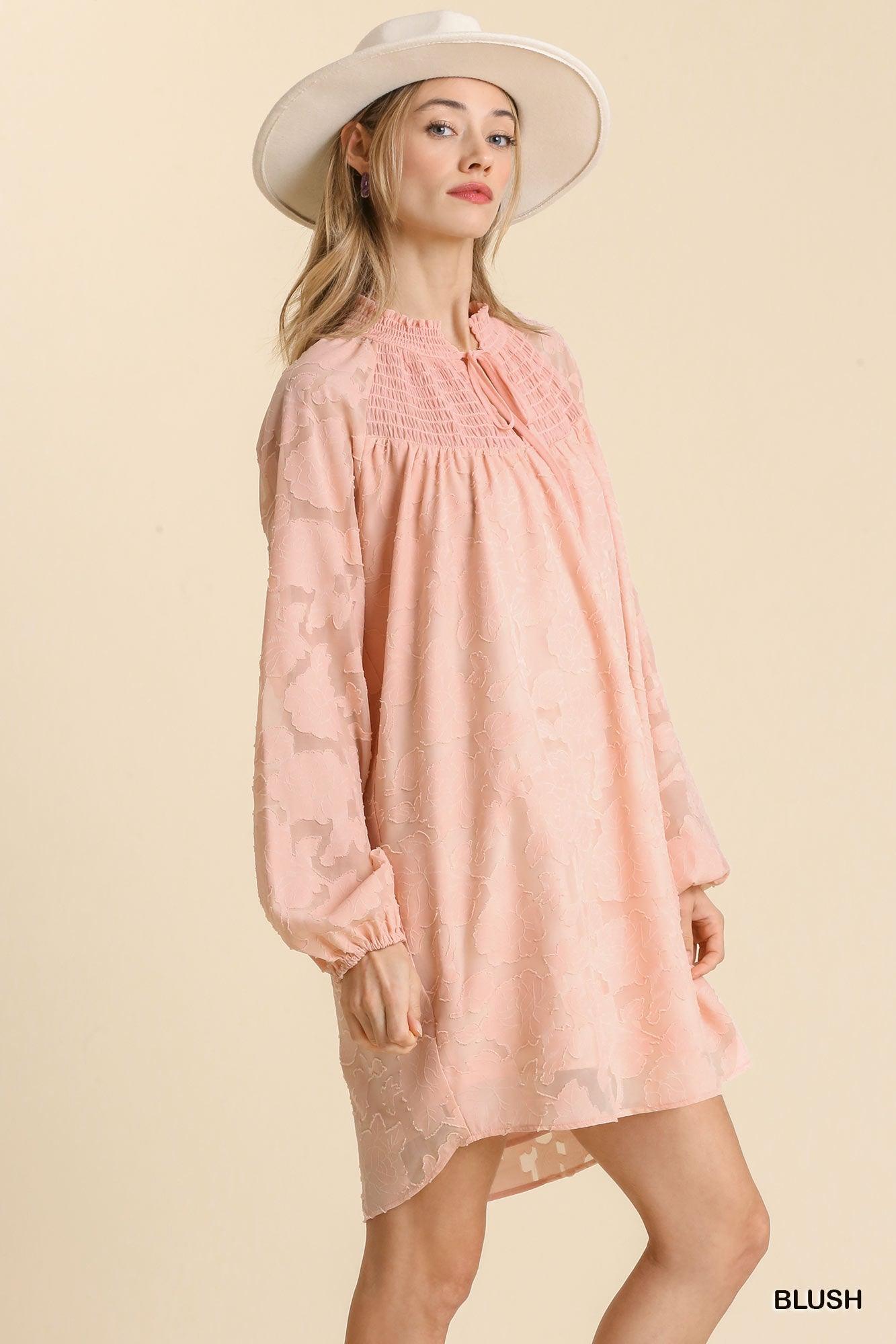 Jacquard Raglan Smocked Tie Neck Yoke Dress - AMIClubwear