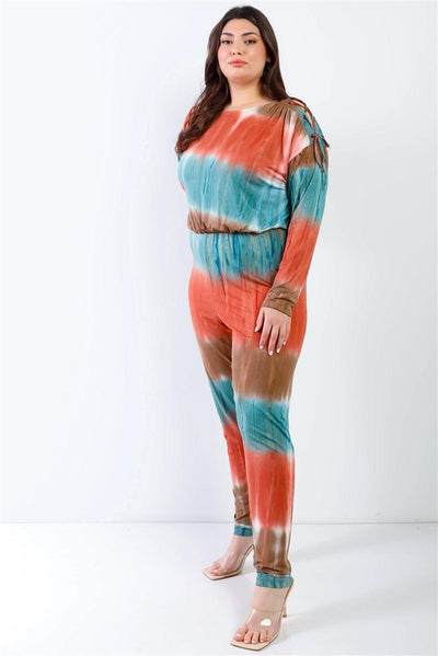 Plus Tie-dye Lace Up Shoulder Details Back Wrap Cut-out Jumpsuit - AMIClubwear