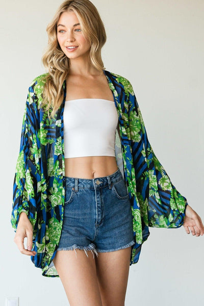 Stripes And Floral Print Lightweight Kimono - AMIClubwear