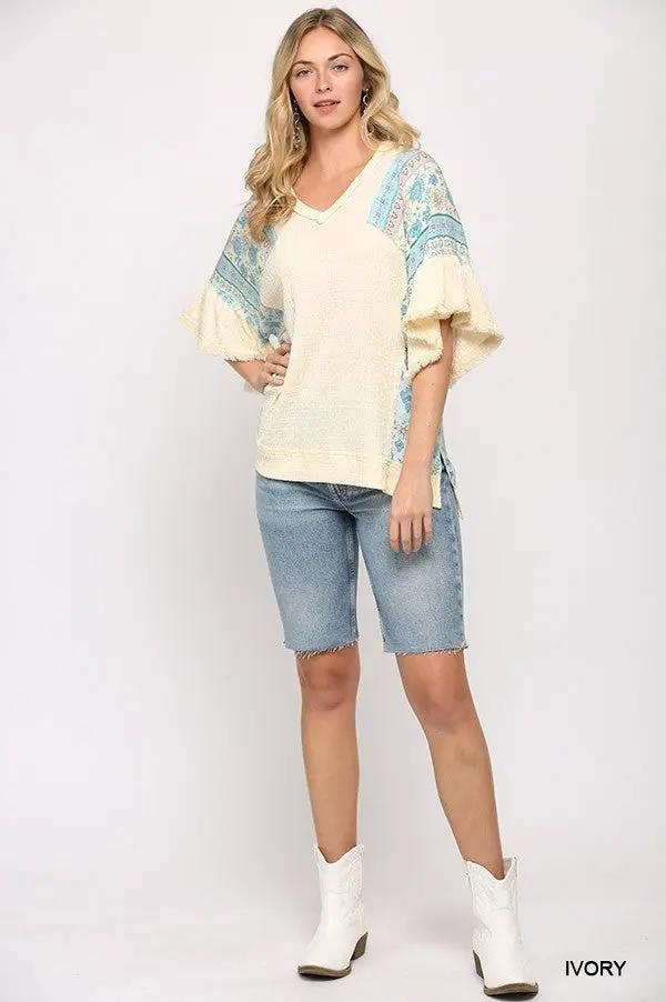 Texture Knit And Print Mixed Hi Low Hem Top