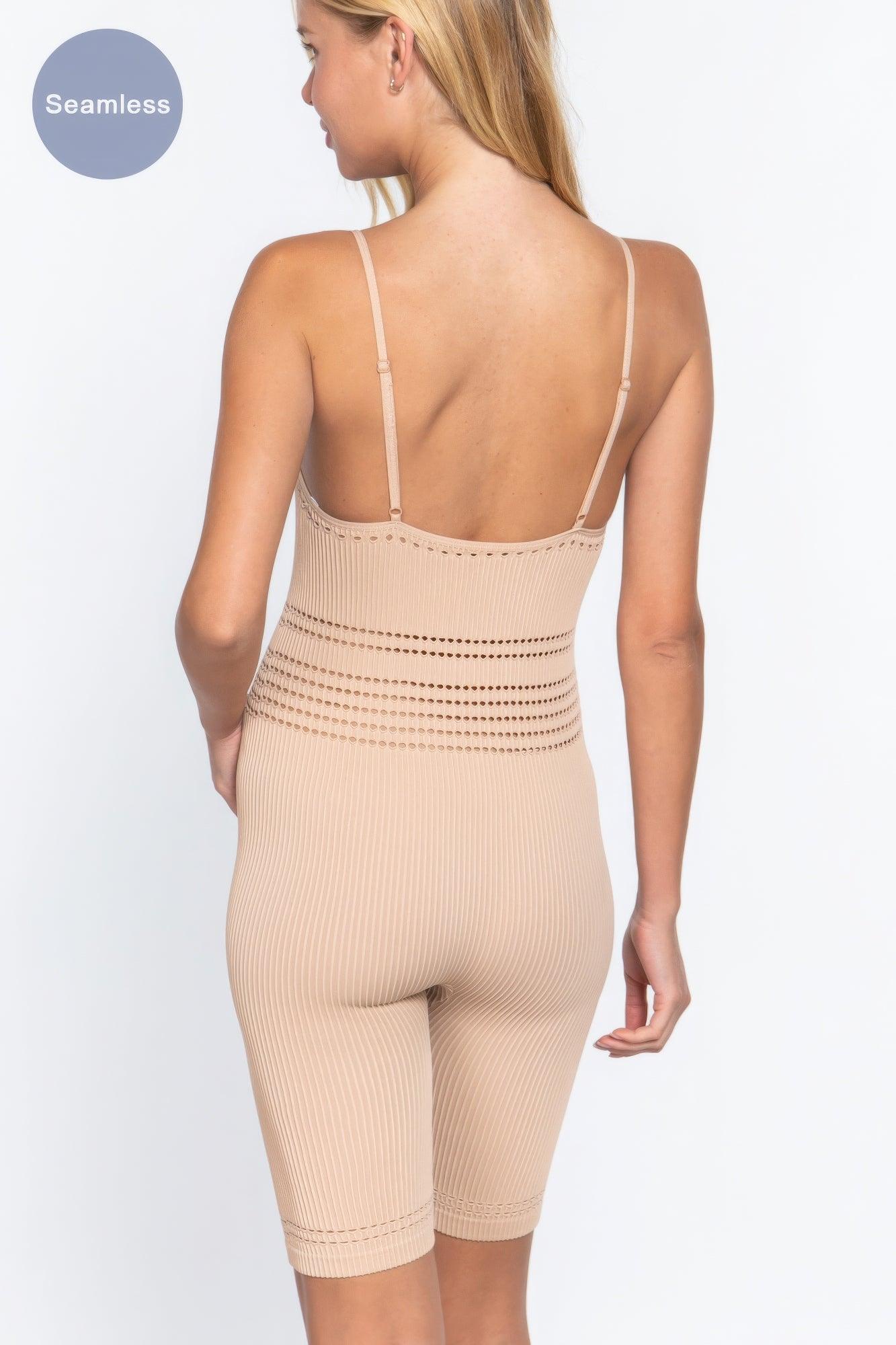 Round Neck Pointelle Detail Seamless Rib Romper - AMIClubwear