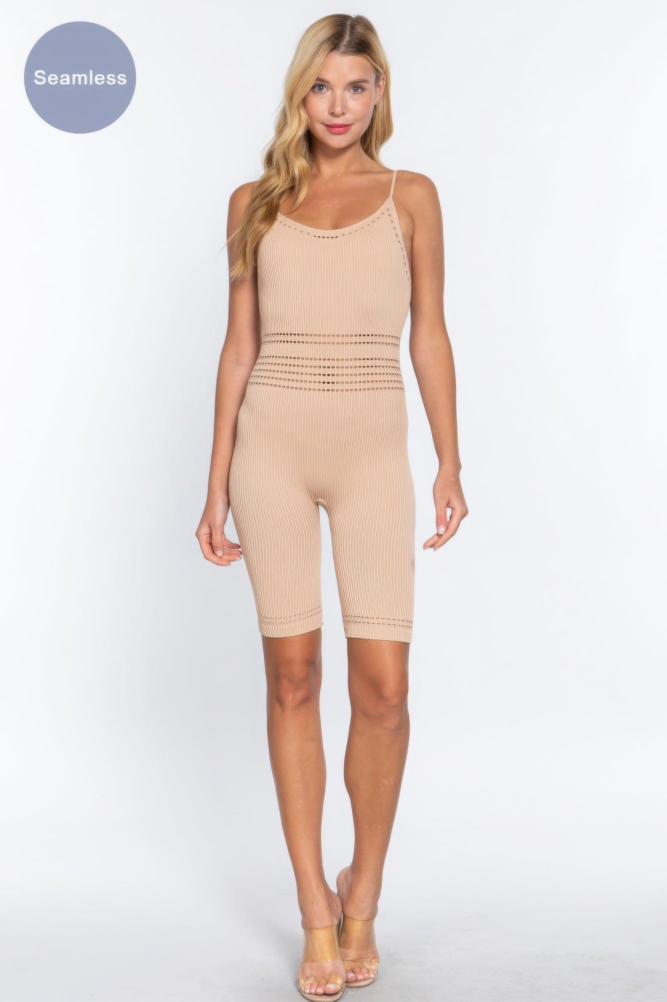 Round Neck Pointelle Detail Seamless Rib Romper - AMIClubwear