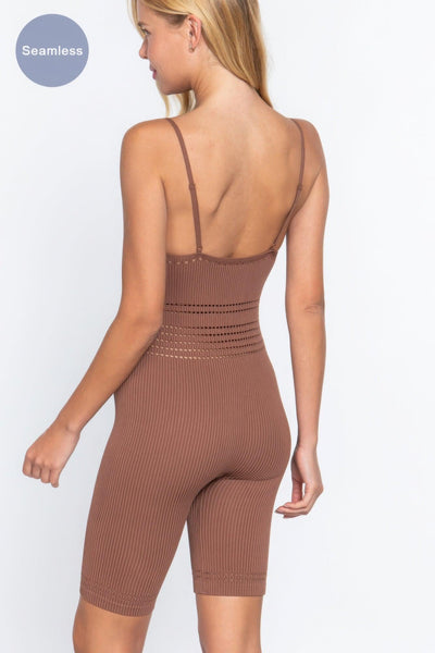 Round Neck Pointelle Detail Seamless Rib Romper - AMIClubwear