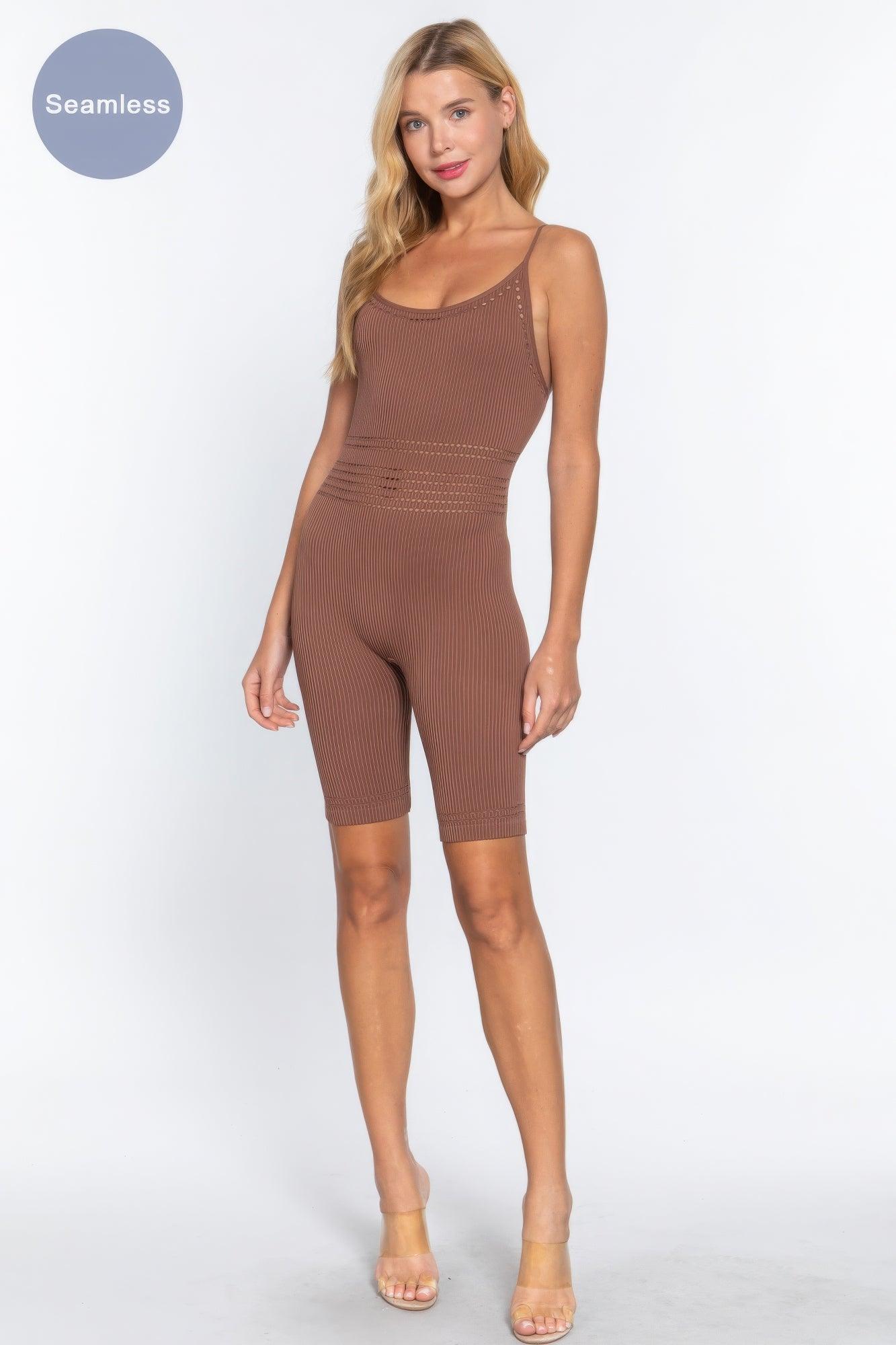 Round Neck Pointelle Detail Seamless Rib Romper - AMIClubwear