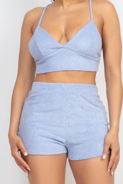 Terry Towel Bralette Top & Mini Shorts Set - AMIClubwear