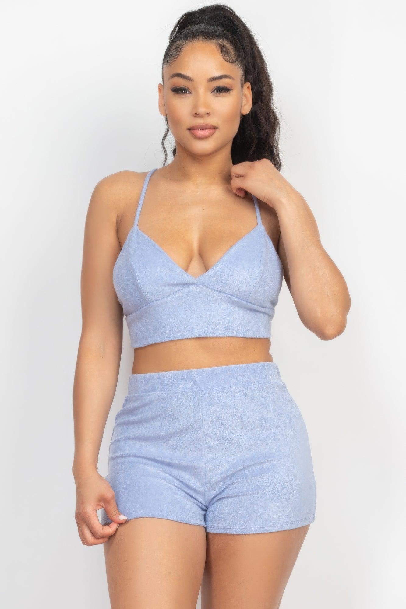 Terry Towel Bralette Top & Mini Shorts Set - AMIClubwear