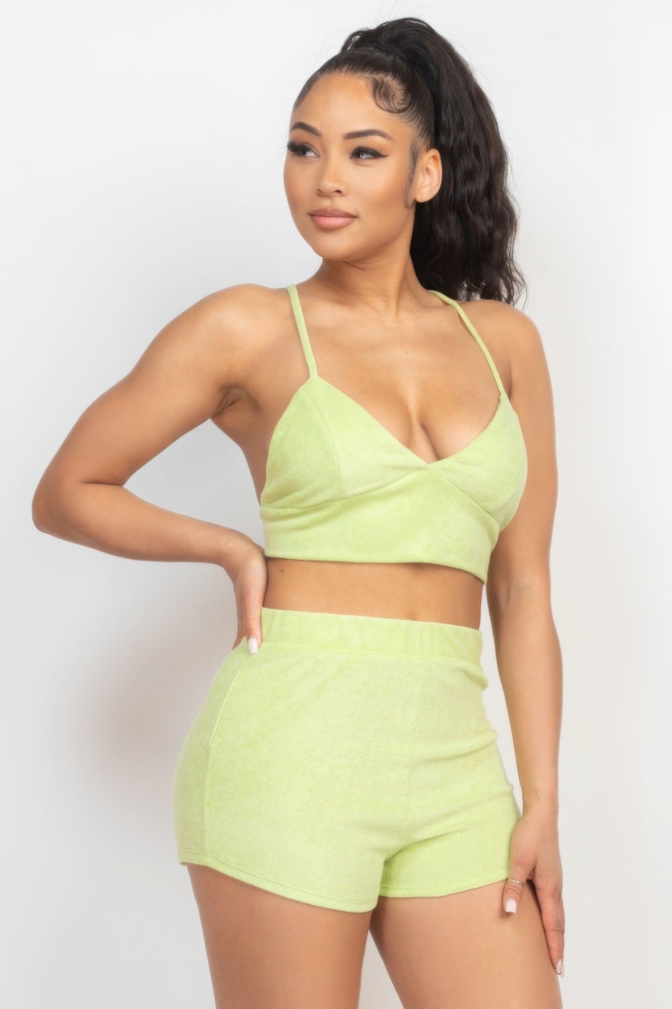 Terry Towel Bralette Top & Mini Shorts Set - AMIClubwear