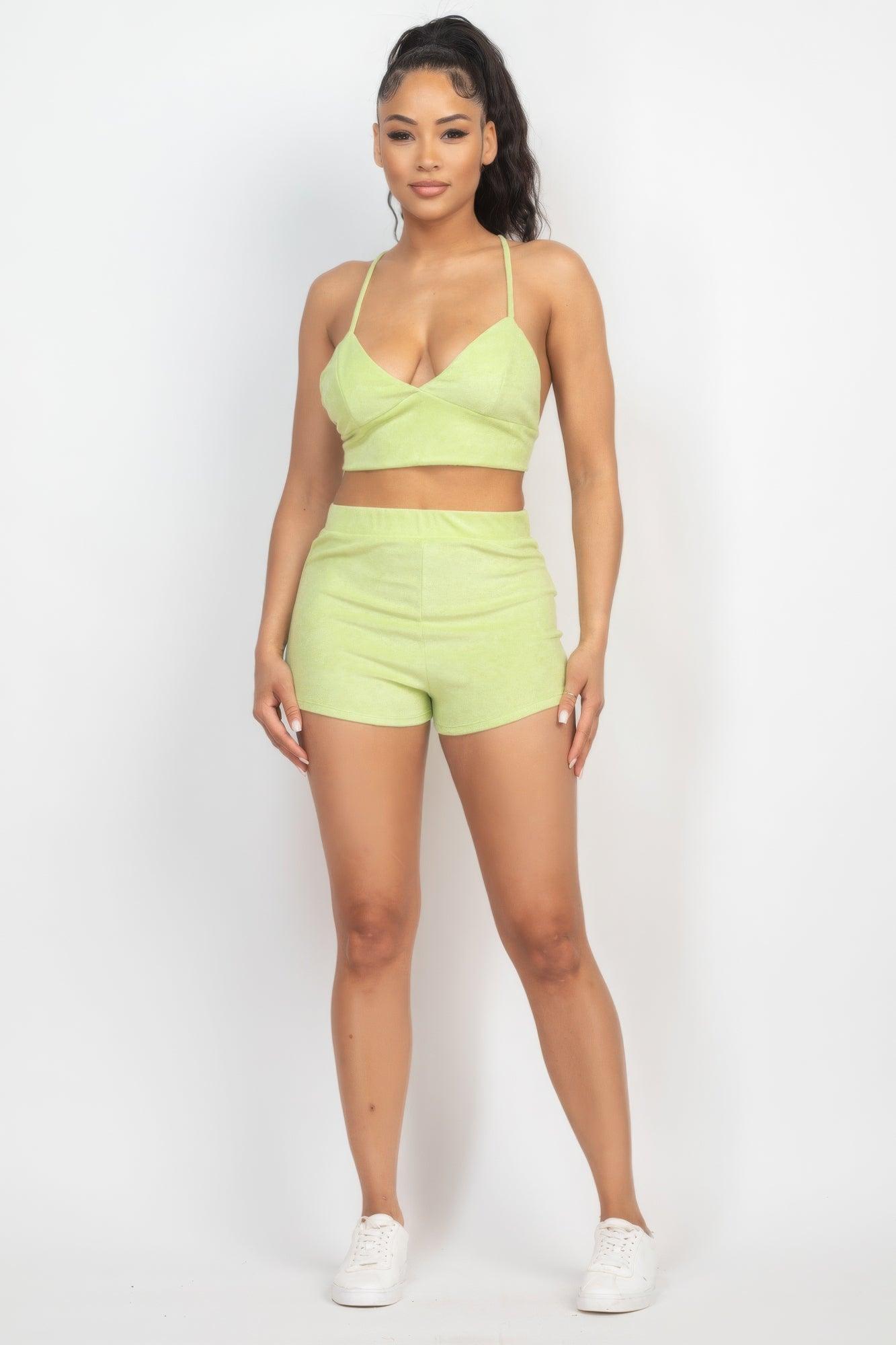 Terry Towel Bralette Top & Mini Shorts Set - AMIClubwear