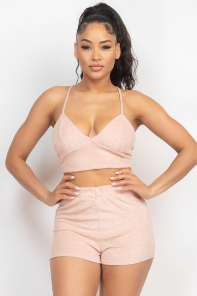 Terry Towel Bralette Top & Mini Shorts Set - AMIClubwear