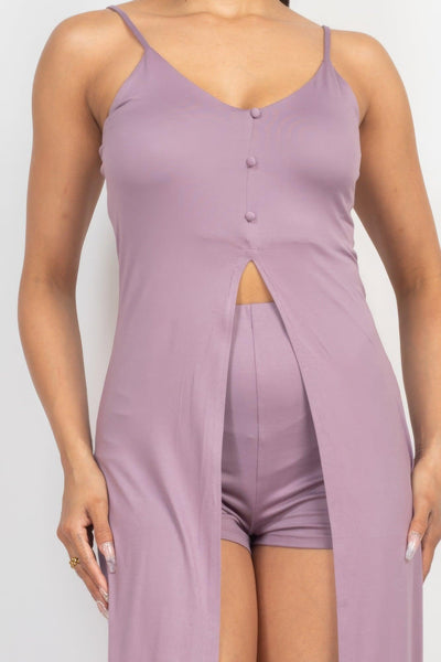 Scoop Buttoned Full Cami Top & Mini Shorts Set - AMIClubwear