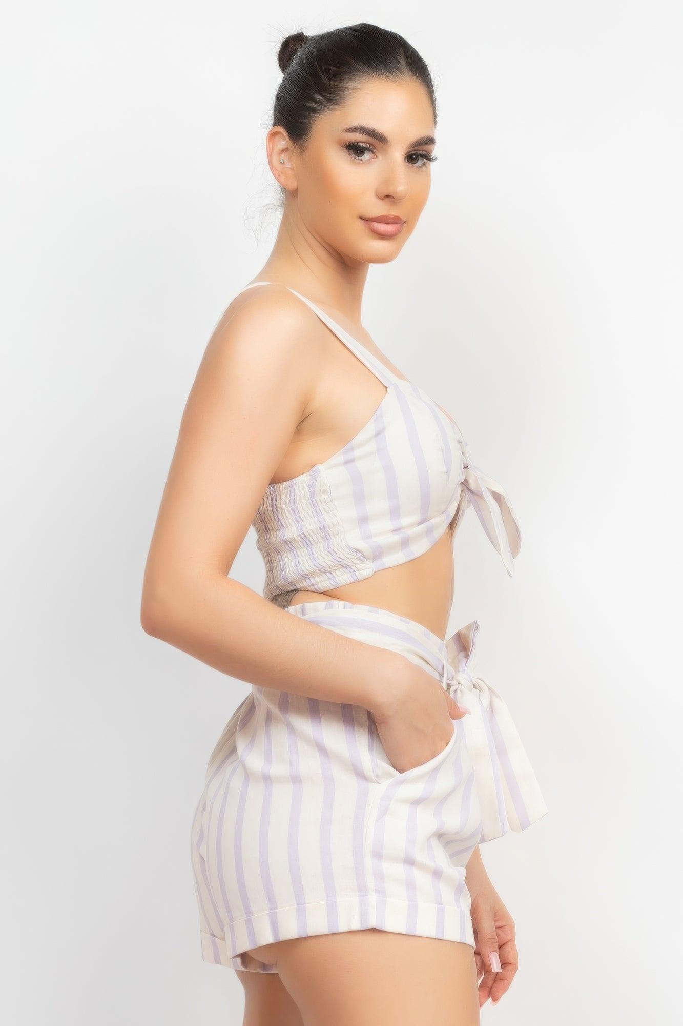 Tie-front Striped Crop Top & Belted Shorts Set - AMIClubwear