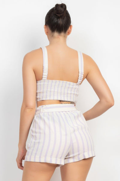 Tie-front Striped Crop Top & Belted Shorts Set - AMIClubwear
