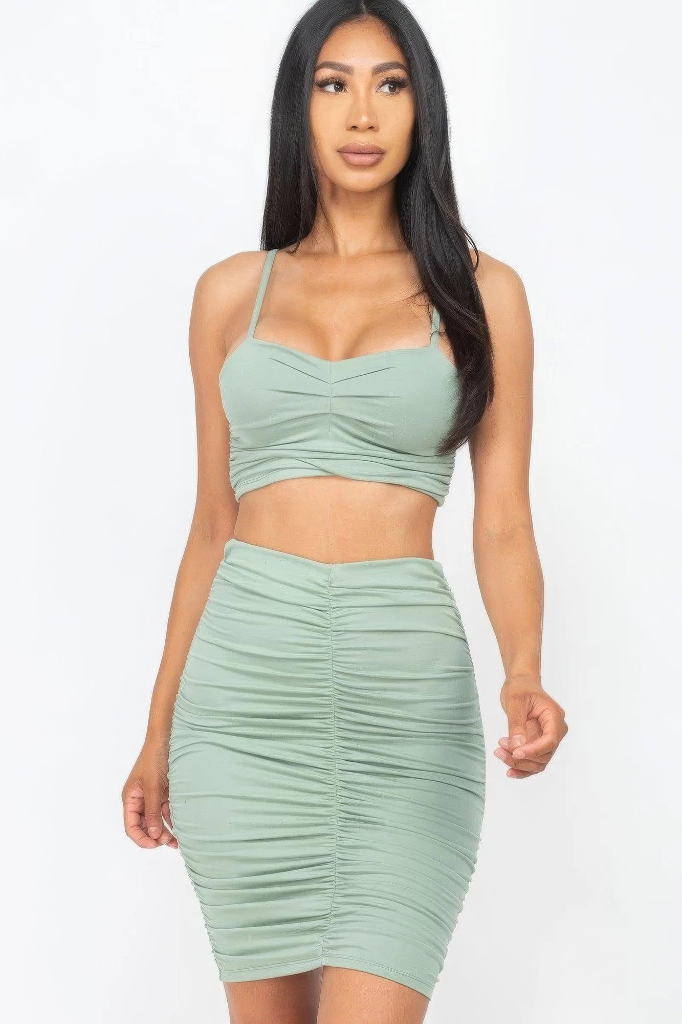 Ruched Crop Top And Skirt Sets - AMIClubwear